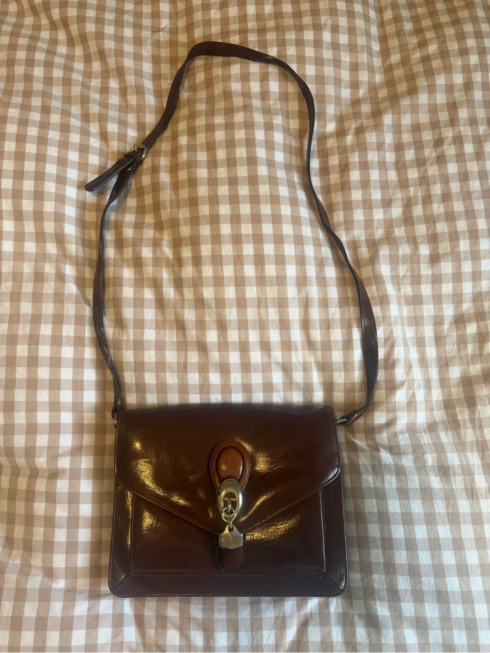 Vintage Marchino Via Moda Classic Brown Leather Satchel with Polished Clasp